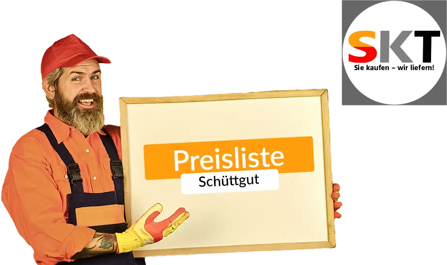 Preise für Sand, Kies, Schotter pro Tonne und Kubikmeter. Bild zeigt Montage eines Mannes, der ein Schild hoch hält, auf dem steht "Preisliste Schüttgut".