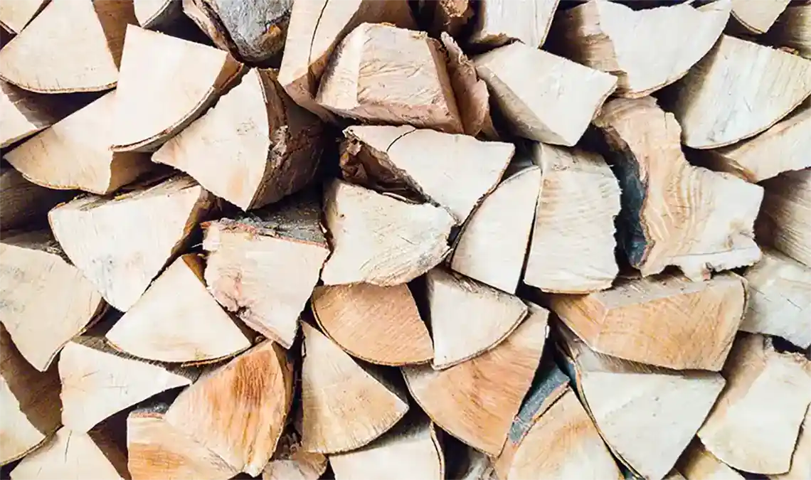 Kaminholz und Brennholz Draufsicht, geschnitte und zurechtgesägt.