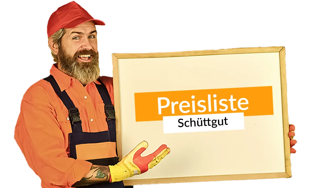 Preise für Sand, Kies, Schotter, Mutterboden etc. pro Tonne und Kubikmeter. Bild zeigt Montage eines Mannes, der ein Schild hoch hält, auf dem steht "Preisliste Schüttgut".